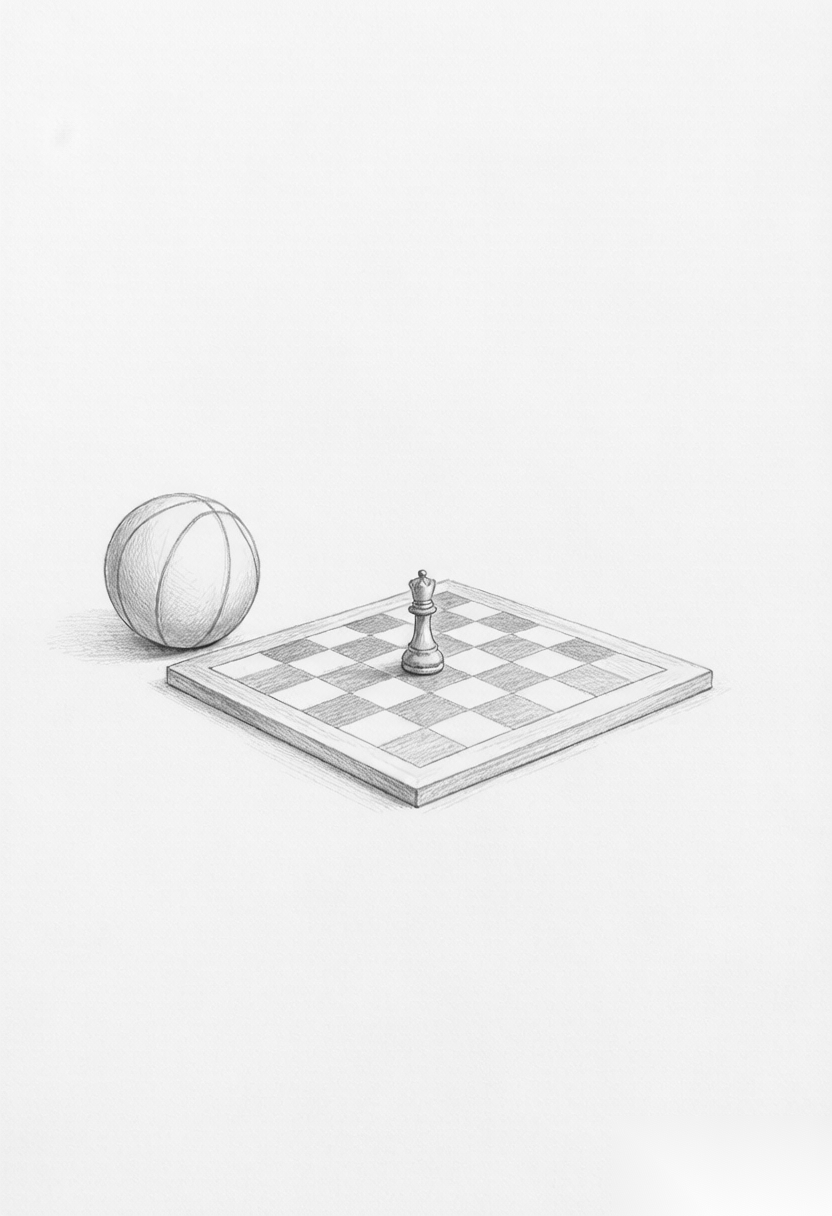 篮球留在场边而棋子准备移动