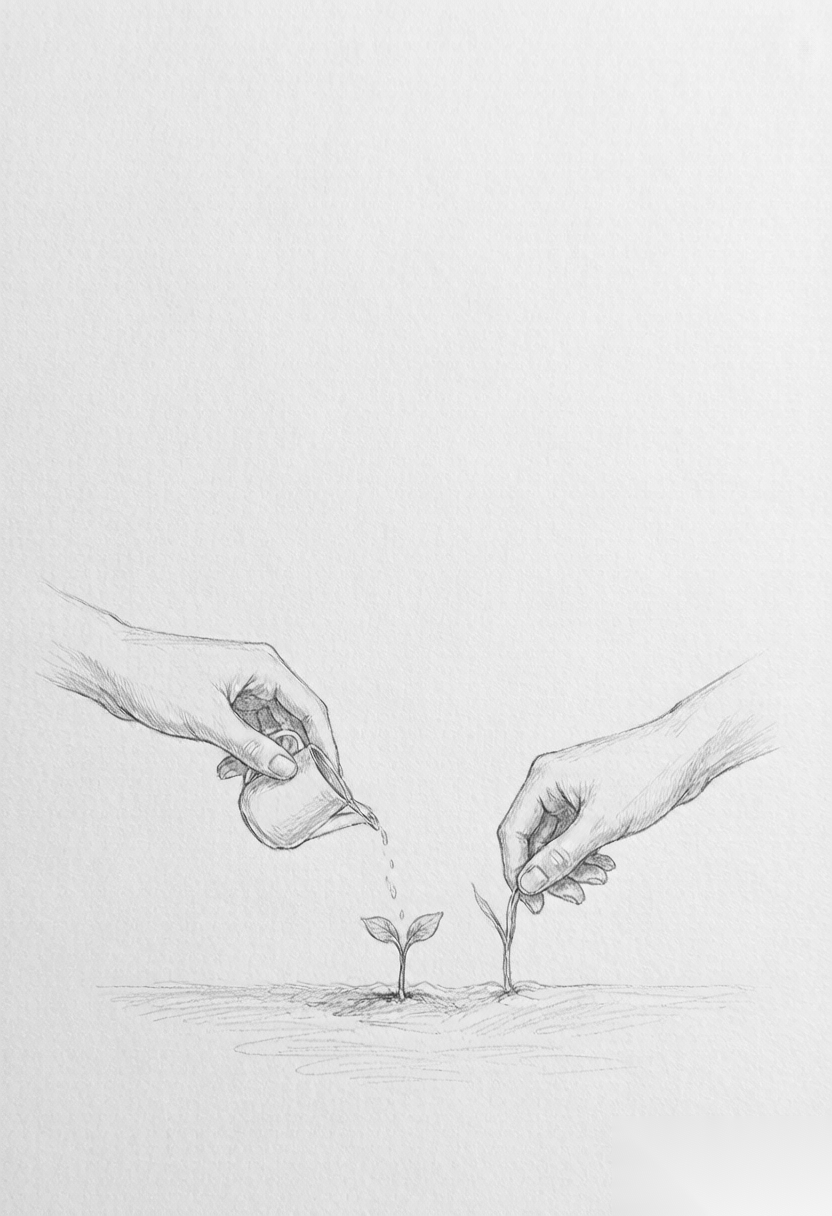 一手浇水另一手焦急拉扯嫩芽