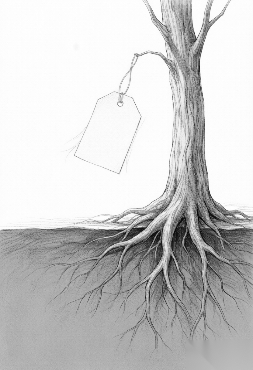 风中标签旁树根清晰可见