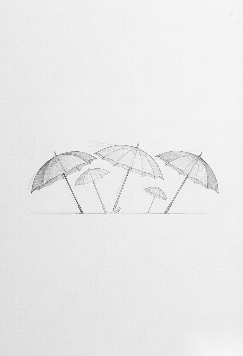 不同雨伞被同一阵风吹斜