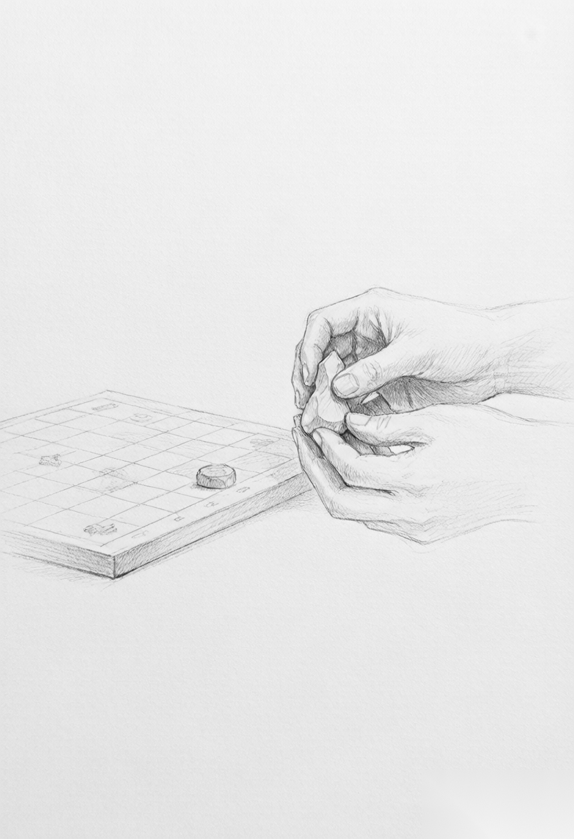 双手专注打磨棋子而棋盘静置一旁